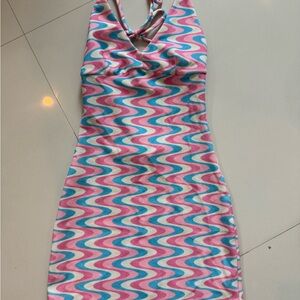 Frankie's Bikinis Pink and Blue Wave Backless Dress